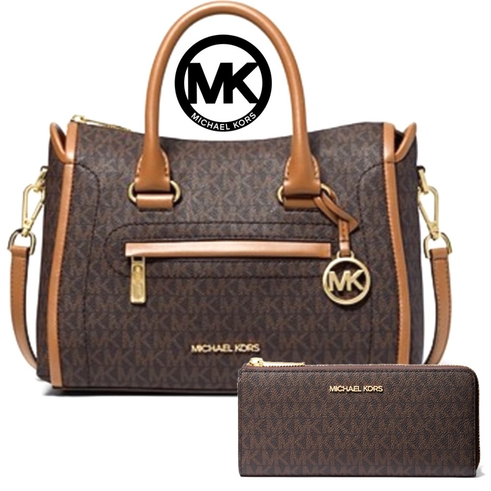 NWT - $726 MICHAEL KORS CARINE LARGE LOGO SIGNATURE SATCHEL + MATCHING WALLET